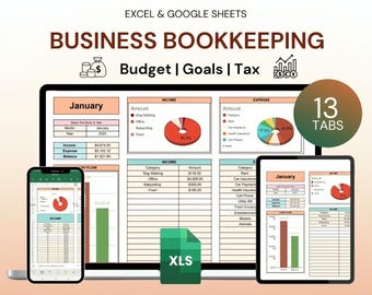 May include: Digital business bookkeeping template displayed on a laptop, tablet, and smartphone. The spreadsheet shows income, expenses, and balance, with charts and graphs. The text includes "Business Bookkeeping", "Budget | Goals | Tax", and "13 Tabs".