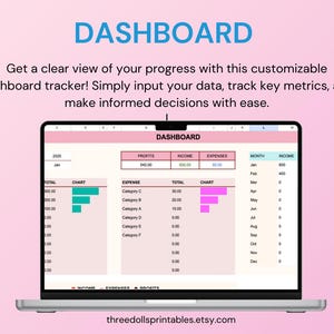 May include: A laptop screen displays a customizable dashboard tracker with the word "DASHBOARD" in blue at the top. The screen shows charts and data tables for tracking profits, income, and expenses. The background is a gradient of pink.