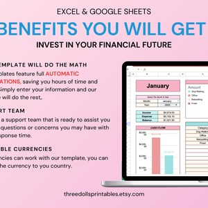 May include: A laptop screen displays a financial spreadsheet template with charts and data. Text on the screen includes "January" and financial categories. The image also features text: "BENEFITS YOU WILL GET" and "INVEST IN YOUR FINANCIAL FUTURE."