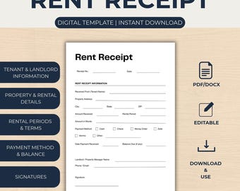 May include: A digital rent receipt template featuring a white form with black text. The form includes fields for tenant and landlord information, property address, rental period, payment method, and signatures. It is labeled as a digital template.