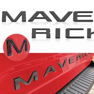 May include: Black "MAVERICK" lettering, including individual letters and a complete set, displayed against a white background and on a red vehicle surface. The "M" is also shown in a red circle.