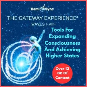 Może przedstawiać: Grafika z tekstem "Hemi Sync THE GATEWAY EXPERIENCE WAVES I-VIII". Zawiera również tekst "Tools For Expanding Consciousness And Achieving Higher States" oraz "Over 12 GB Of Content". Obraz przedstawia niebieską postać otoczoną świecącą niebieską spiralą.
