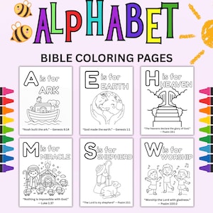 May include: A set of Bible coloring pages with the alphabet. Each page displays a letter and a related word, like "Ark" and "Earth", accompanied by illustrations and Bible verses. The title "Alphabet Bible Coloring Pages" is at the top.