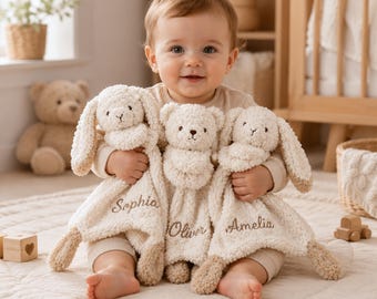 Custom Baby Lovey with Name, Personalized Plush Bunny Blanket, Newborn Baptism Gift, Embroidered Baby Comfort Toy