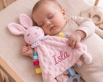 Personalisierte Baby Lovey Decke, individuell gestickte Name Minky Dot Sensorische Sicherheitsdecke, Babypartygeschenk