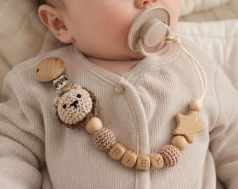 Prendedor de Chupeta Personalizado com Nome do Bebê, Porta-Chupeta de Crochê com Animal Personalizado, Prendedor de Chupeta com Contas de Madeira, Presente para Recém-Nascido