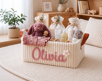 Bestickter Babykorb mit Namen, personalisierte Aufbewahrungsbox fürs Kinderzimmer, individueller Spielzeugorganizer, Geschenk zur Baby-Wunschliste, Geschenk zur Babyparty