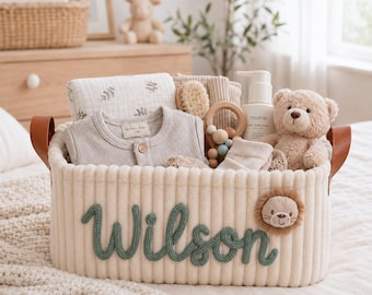 Panier de rangement pour bébé brodé personnalisé, boîte à jouets brodée avec le nom du bébé, organisateur de chambre d'enfant en velours côtelé, cadeau de baptême