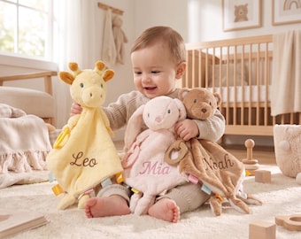 Couverture doudou personnalisée pour bébé, couverture de sécurité personnalisée avec nom et motif animal, doudou brodé pour nouveau-né, cadeau de naissance ou de baptême