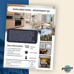 May include: An advert for Apartment 123, featuring interior and exterior images. The flyer details key information: 1 & 2 bedroom units, short term leases, no application fee, and immediate availability. Amenities include a modern gym, pet-friendly, and a yoga studio.