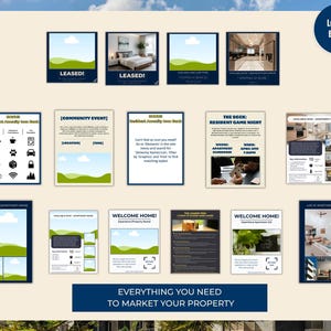 May include: A set of property marketing templates, including announcements and promotional materials. The designs feature images, text, and icons, with a blue and white color scheme. The phrase "Everything You Need to Market Your Property" is included. The word "LEASED!" is visible.