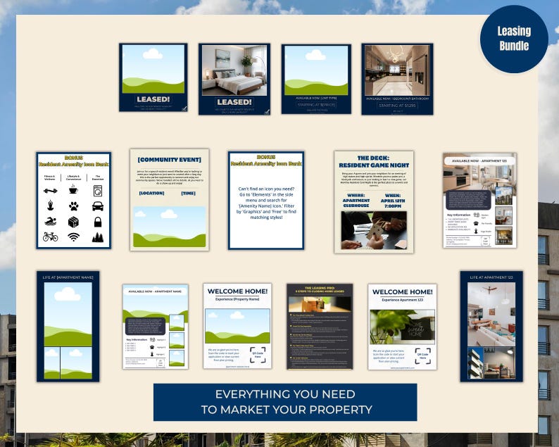 May include: A set of property marketing templates, including announcements and promotional materials. The designs feature images, text, and icons, with a blue and white color scheme. The phrase "Everything You Need to Market Your Property" is included. The word "LEASED!" is visible.