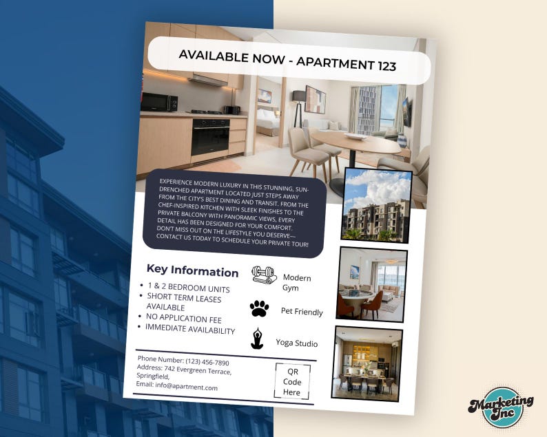 May include: An advert for Apartment 123, featuring interior and exterior images. The flyer details key information: 1 & 2 bedroom units, short term leases, no application fee, and immediate availability. Amenities include a modern gym, pet-friendly, and a yoga studio.