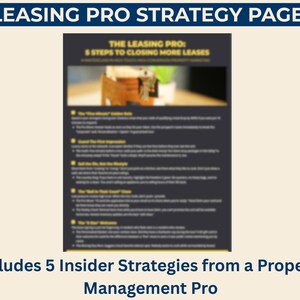 May include: A digital graphic with the text "LEASING PRO STRATEGY PAGE" in white on a dark blue background. The graphic includes a list titled "THE LEASING PRO: 5 STEPS TO CLOSING MORE LEASES". The text at the bottom reads "Includes 5 Insider Strategies from a Property Management Pro".