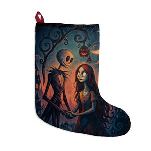 May include: A Christmas stocking featuring Jack Skellington and Sally from The Nightmare Before Christmas. The artwork depicts the characters holding hands against a spooky, colorful background with a dark tree and jack-o'-lanterns.
