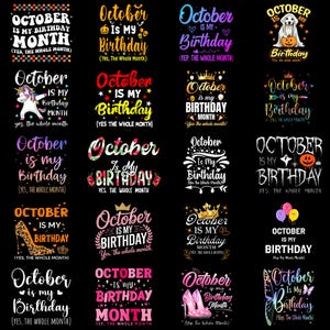Outubro é meu aniversário PNG, clipart engraçado de aniversário de mês inteiro, design fofo de menina aniversariante de outubro para sublimação digital para download