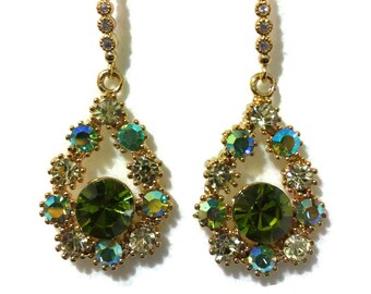 Green Gold Bridal Earrings, Swarovski Crystal Bridesmaid Earrings, Teardrop Dangle Earrings, Birthday Gift for Her, Bridesmaid Gift, OLIVE
