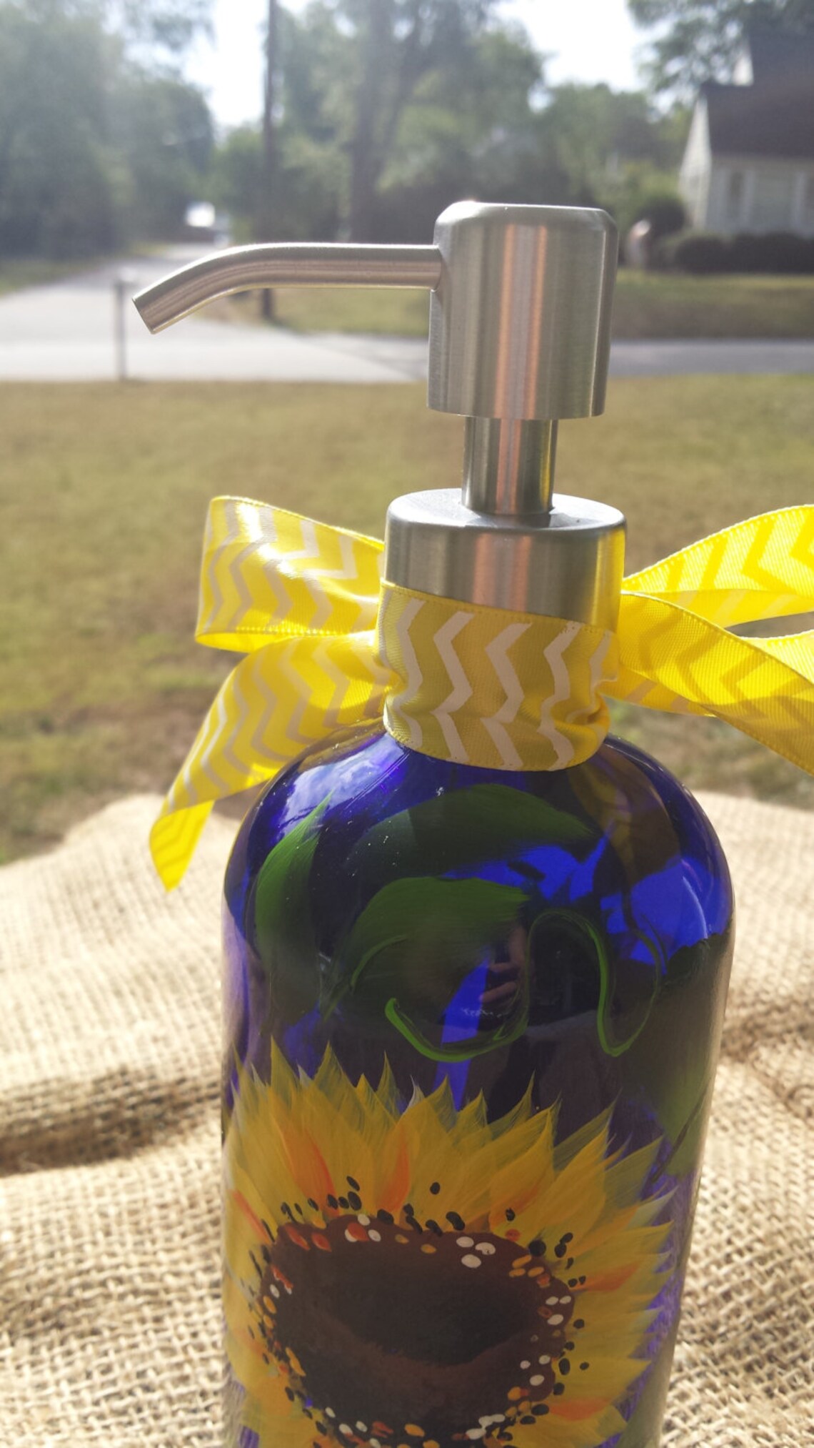 Hand painted blue pump bottle with sunflowers Bottles with Etsy