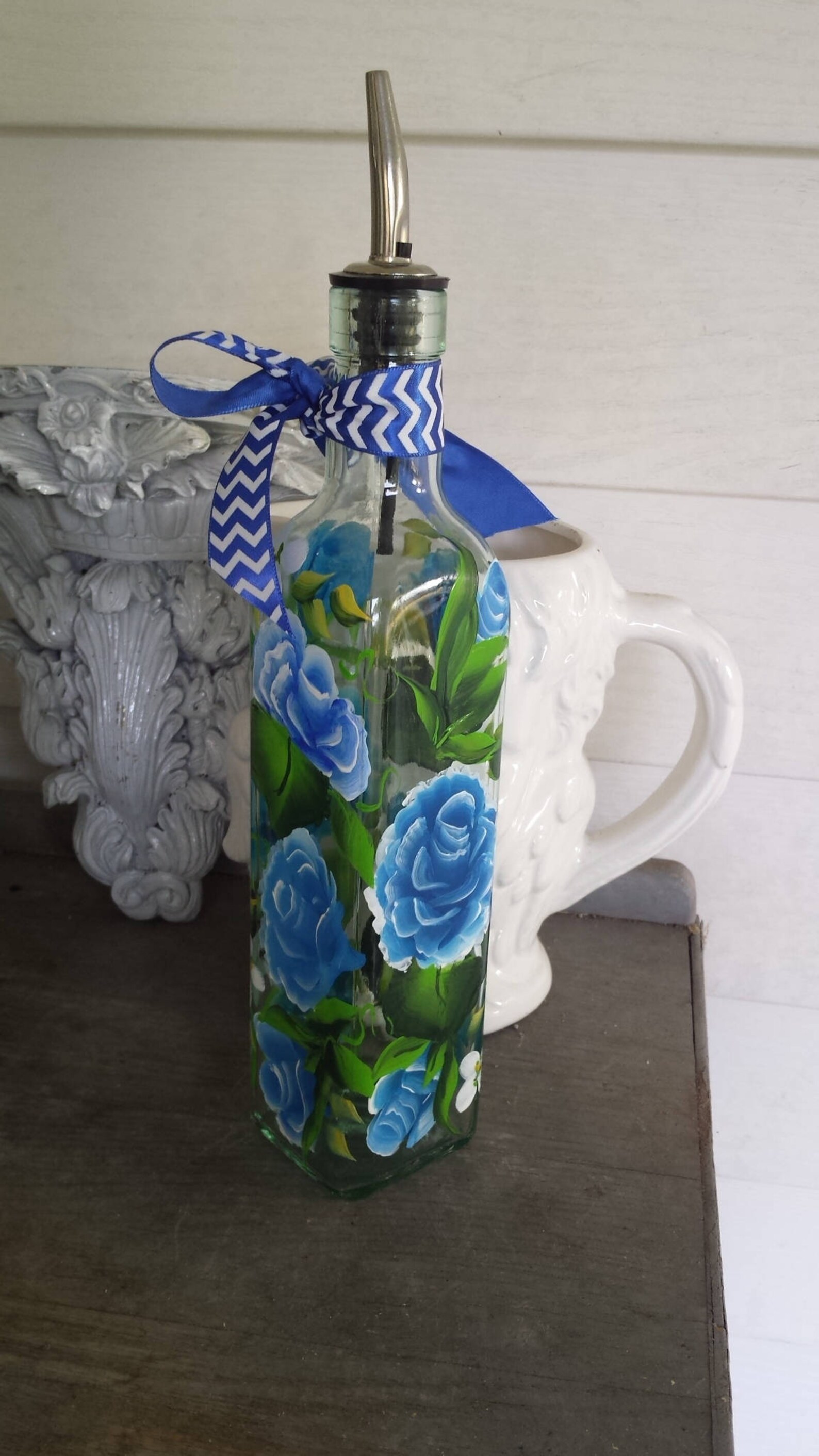 Botella de rosa azul pintada a mano para jabón líquido | Etsy