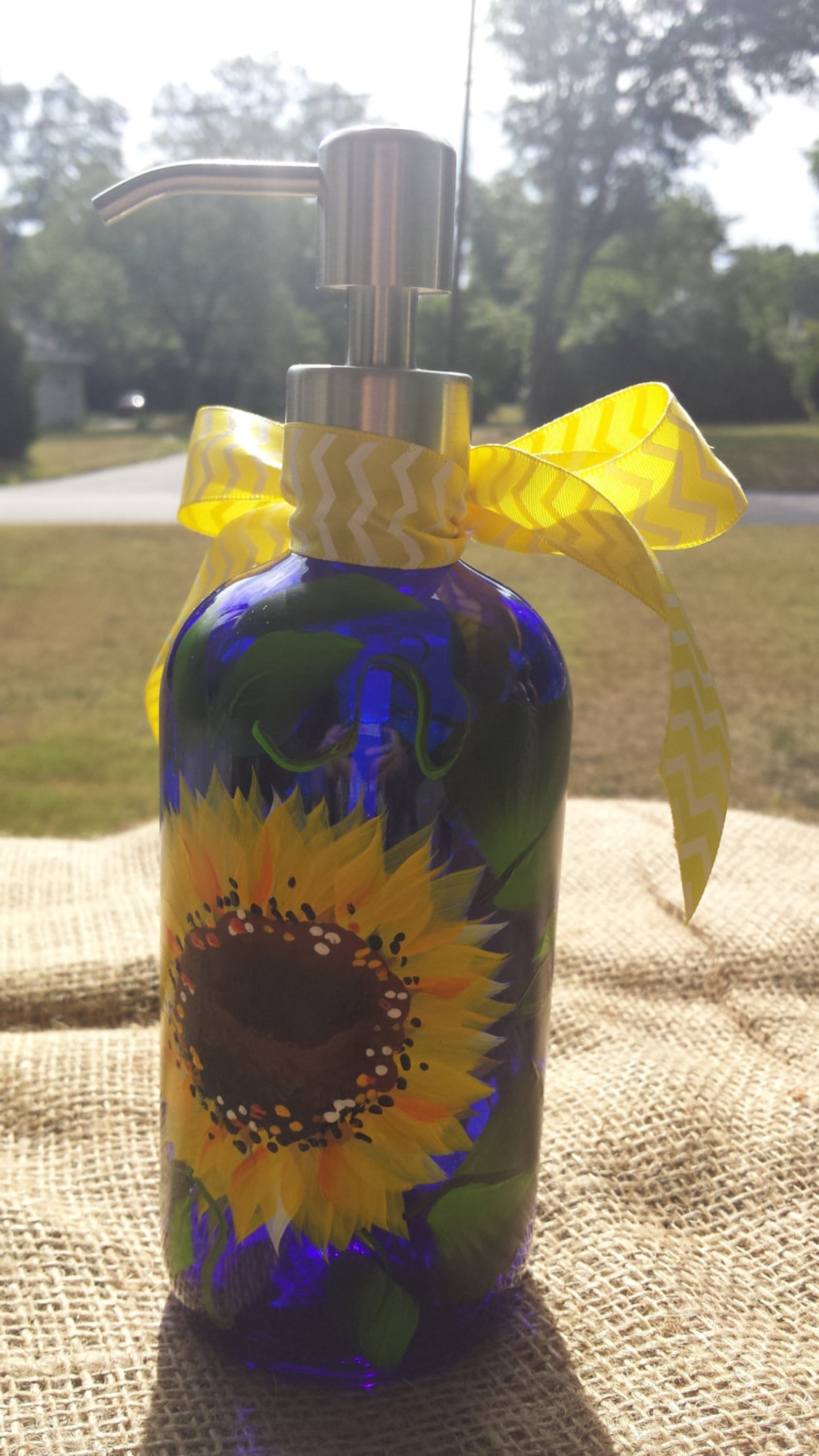 Hand painted blue pump bottle with sunflowers Bottles with Etsy