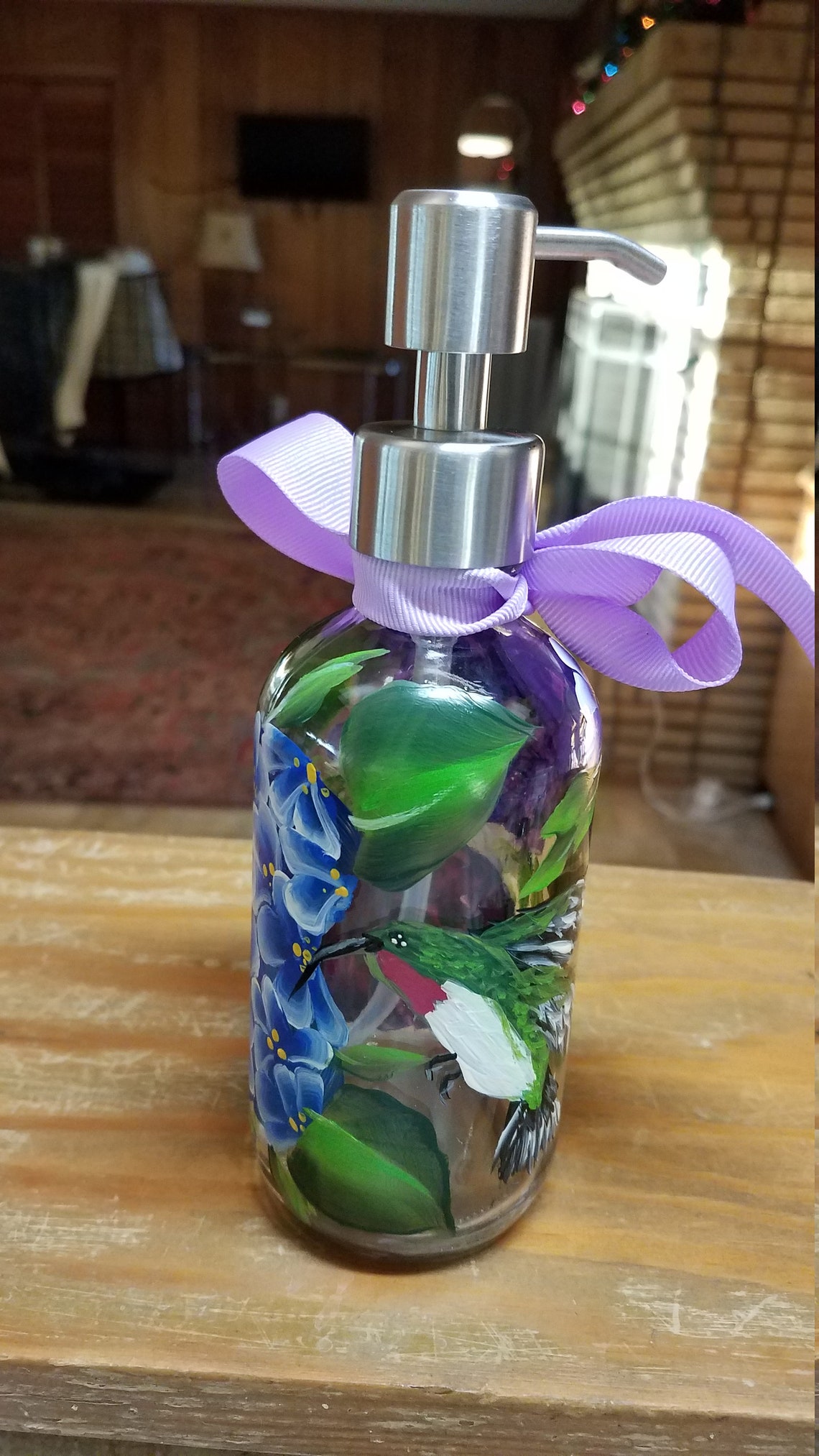 Reserved Hand painted glass pump bottle with bees and blue and Etsy