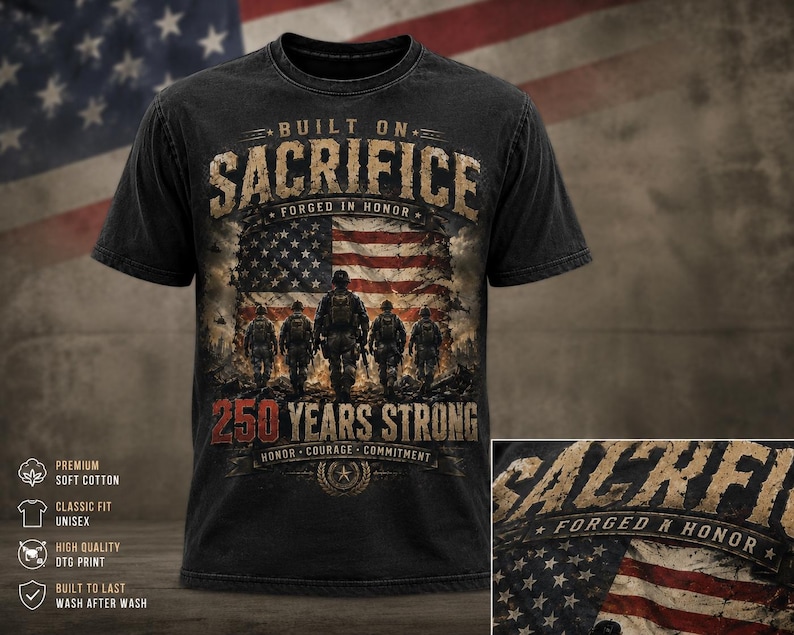 Puede incluir: Una camiseta negra de manga corta con un estampado gr&aacute;fico de cinco soldados caminando frente a una bandera estadounidense. El texto dice BUILT ON SACRIFICE, FORGED IN HONOR, 250 YEARS STRONG y HONOR, COURAGE, COMMITMENT en una fuente desgastada.