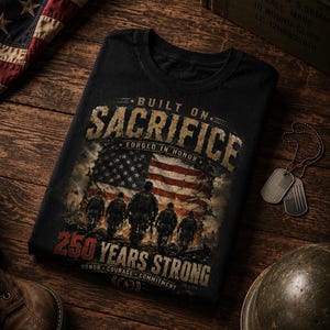 Puede incluir: Una camiseta negra con un estampado gr&aacute;fico que incluye el texto BUILT ON SACRIFICE, FORGED IN HONOR, 250 YEARS STRONG, HONOR, COURAGE, COMMITMENT. El dise&ntilde;o muestra una bandera estadounidense desgastada y un grupo de cinco soldados caminando.