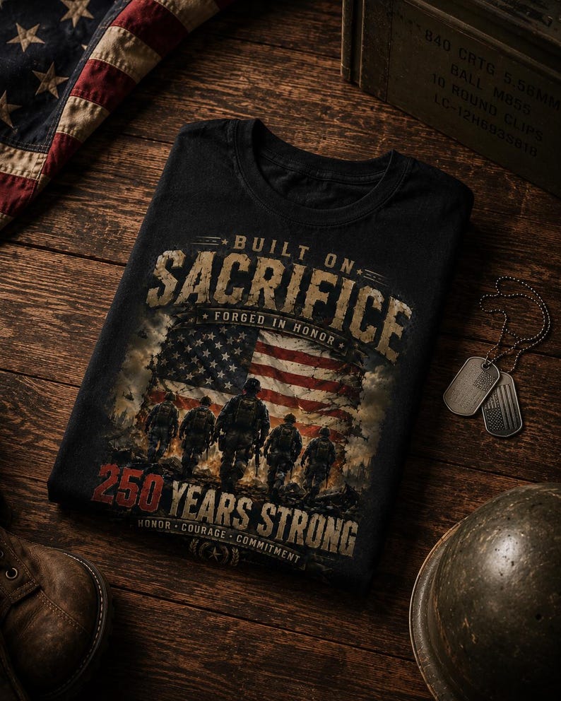 Puede incluir: Una camiseta negra con un estampado gr&aacute;fico que incluye el texto BUILT ON SACRIFICE, FORGED IN HONOR, 250 YEARS STRONG, HONOR, COURAGE, COMMITMENT. El dise&ntilde;o muestra una bandera estadounidense desgastada y un grupo de cinco soldados caminando.