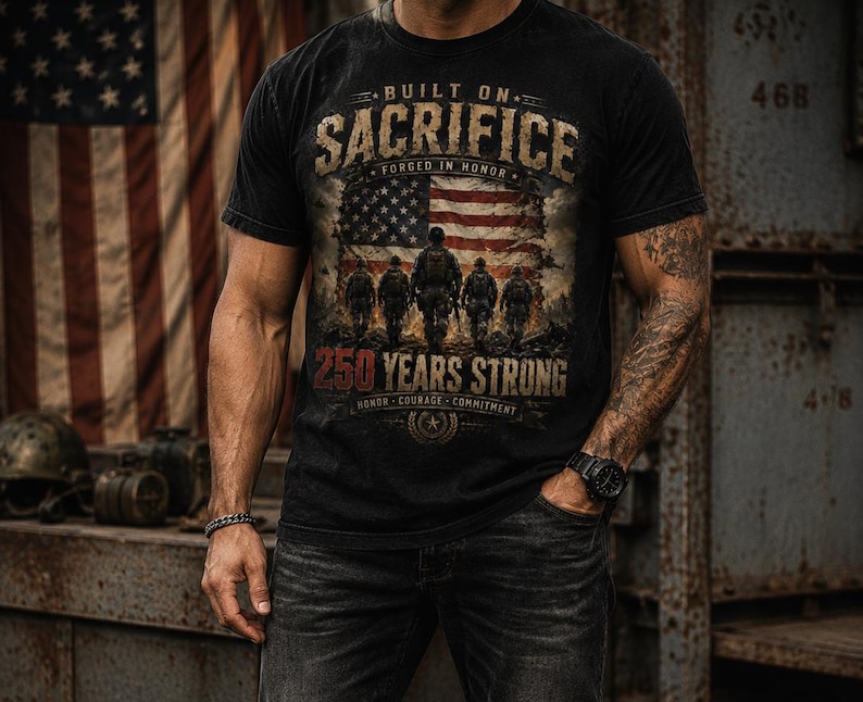 Puede incluir: Una camiseta negra de manga corta con un estampado gr&aacute;fico que incluye el texto BUILT ON SACRIFICE, FORGED IN HONOR, 250 YEARS STRONG, HONOR, COURAGE, COMMITMENT y una ilustraci&oacute;n de cinco soldados frente a una bandera estadounidense.