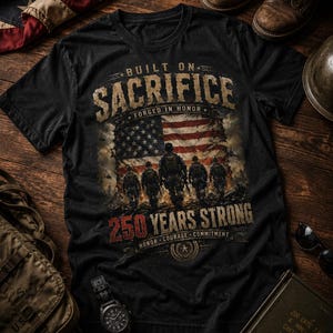 Puede incluir: Una camiseta negra con un estampado gr&aacute;fico de cinco soldados caminando hacia una bandera estadounidense. El texto dice BUILT ON SACRIFICE, FORGED IN HONOR, 250 YEARS STRONG y HONOR COURAGE COMMITMENT. El dise&ntilde;o incluye un emblema de estrella.