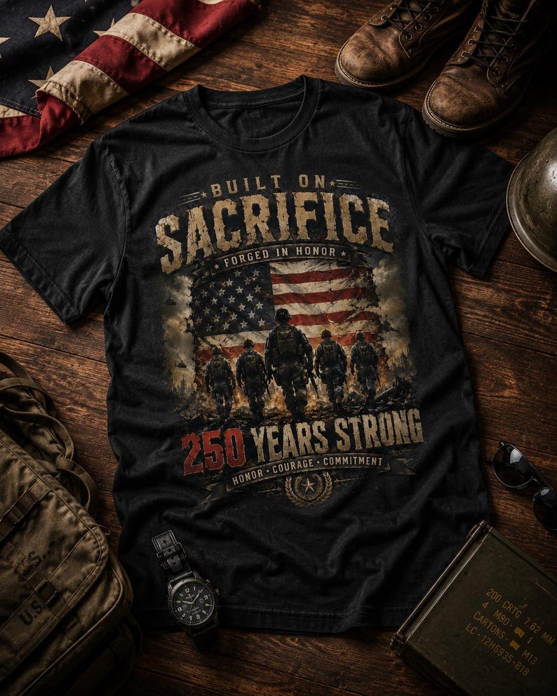 Puede incluir: Una camiseta negra con un estampado gr&aacute;fico de cinco soldados caminando hacia una bandera estadounidense. El texto dice BUILT ON SACRIFICE, FORGED IN HONOR, 250 YEARS STRONG y HONOR COURAGE COMMITMENT. El dise&ntilde;o incluye un emblema de estrella.