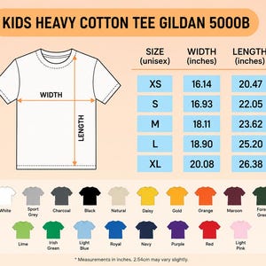 Puede incluir: Una tabla de tallas para camiseta de algod&oacute;n pesado para ni&ntilde;os Gildan 5000B con un contorno de camiseta blanca, flechas de ancho y largo, una tabla con medidas en pulgadas para tallas XS a XL y una paleta de 20 colores disponibles.