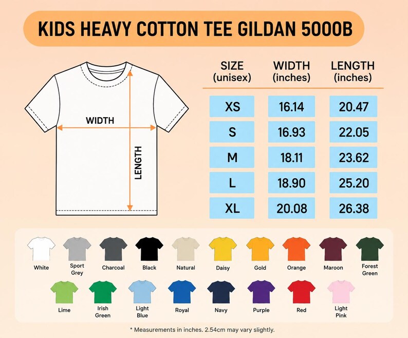 Puede incluir: Una tabla de tallas para camiseta de algod&oacute;n pesado para ni&ntilde;os Gildan 5000B con un contorno de camiseta blanca, flechas de ancho y largo, una tabla con medidas en pulgadas para tallas XS a XL y una paleta de 20 colores disponibles.