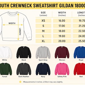Puede incluir: Una tabla de tallas para sudadera juvenil de cuello redondo Gildan 18000B con un dibujo lineal de la sudadera, flechas de ancho y largo, una tabla de medidas en pulgadas para tallas XS a XL, y diez muestras de color: blanco, negro, gris deportivo, granate, azul real, bosque, jaspeado oscuro, marino, rosa seguridad y rojo.