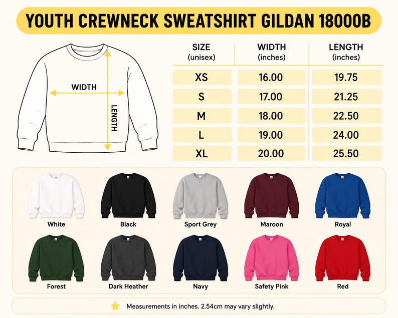 Puede incluir: Una tabla de tallas para sudadera juvenil de cuello redondo Gildan 18000B con un dibujo lineal de la sudadera, flechas de ancho y largo, una tabla de medidas en pulgadas para tallas XS a XL, y diez muestras de color: blanco, negro, gris deportivo, granate, azul real, bosque, jaspeado oscuro, marino, rosa seguridad y rojo.