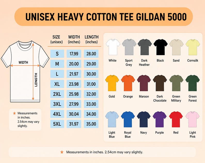 Puede incluir: Una tabla de tallas para la camiseta unisex de algod&oacute;n pesado Gildan 5000. El gr&aacute;fico muestra el contorno de una camiseta con flechas de ancho y largo, una tabla de tallas de la S a la 5XL en pulgadas y una paleta de dieciocho colores.