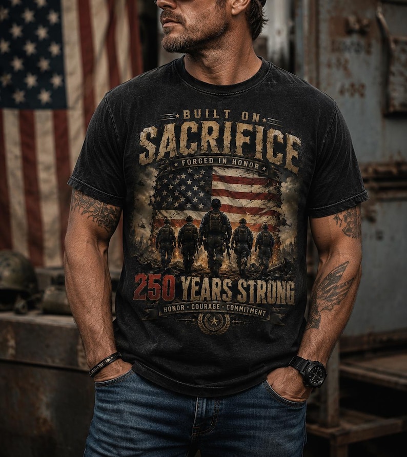Puede incluir: Una camiseta negra de manga corta con un estampado gr&aacute;fico que incluye el texto BUILT ON SACRIFICE, FORGED IN HONOR, 250 YEARS STRONG y HONOR COURAGE COMMITMENT. El dise&ntilde;o muestra una bandera estadounidense desgastada y cinco soldados.