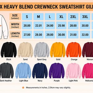 Puede incluir: Una tabla de tallas para sudadera Gildan 18000 unisex de cuello redondo que muestra medidas de ancho y largo en pulgadas para tallas de la S a la 5XL, junto con una cuadr&iacute;cula de diecis&eacute;is colores de sudadera disponibles con sus nombres.