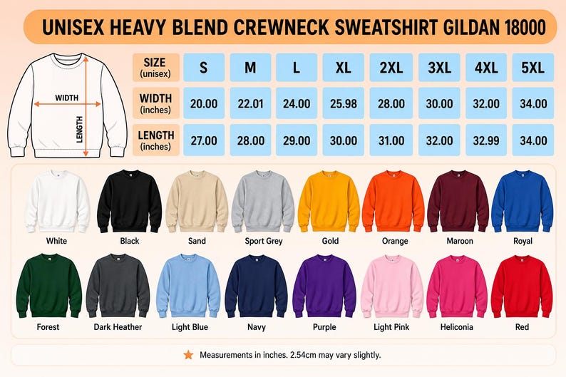 Puede incluir: Una tabla de tallas para sudadera Gildan 18000 unisex de cuello redondo que muestra medidas de ancho y largo en pulgadas para tallas de la S a la 5XL, junto con una cuadr&iacute;cula de diecis&eacute;is colores de sudadera disponibles con sus nombres.