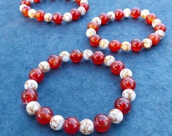 Carnelian Howlite Bracelet Combo 10mm Beads Grounding Stylish Jewelry Natural Reduce Stress Elastic Cleansing Protection Healing