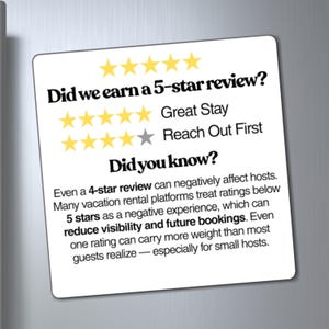 May include: A square white magnet featuring black text and yellow star graphics. The text reads: Did we earn a 5-star review? Great Stay, Reach Out First. Did you know? Even a 4-star review can negatively affect hosts. Ratings below 5 stars reduce visibility.
