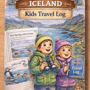 Puede incluir: Ilustración colorida de un diario de viaje para niños, titulado "Westfjords Iceland Kids Travel Log". La imagen presenta a dos niños con binoculares y un diario de viaje, con un fondo de montañas y agua. Incluye el texto "Printable PDF".