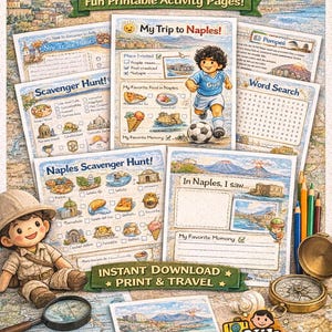 May include: A colorful printable travel log for kids, featuring the text "Naples Travel Log for Kids." The design includes illustrations of Naples landmarks, a soccer player, and activity pages. The log is designed for instant download and print.