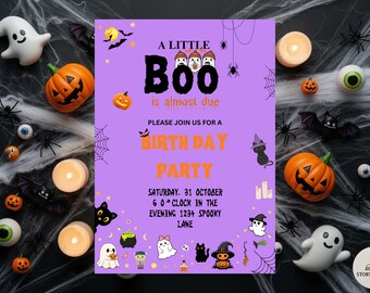 May include: A Halloween-themed invitation with the text "A Little Boo is almost due" on a purple background. The invitation is surrounded by Halloween decorations, including pumpkins, ghosts, spiders, and candles.