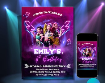 May include: A birthday party invitation with a vibrant design. The invitation features three animated figures, the text "EMILY'S 4th Birthday", and event details. A smartphone displays the same design. The invitation is designed with Canva.