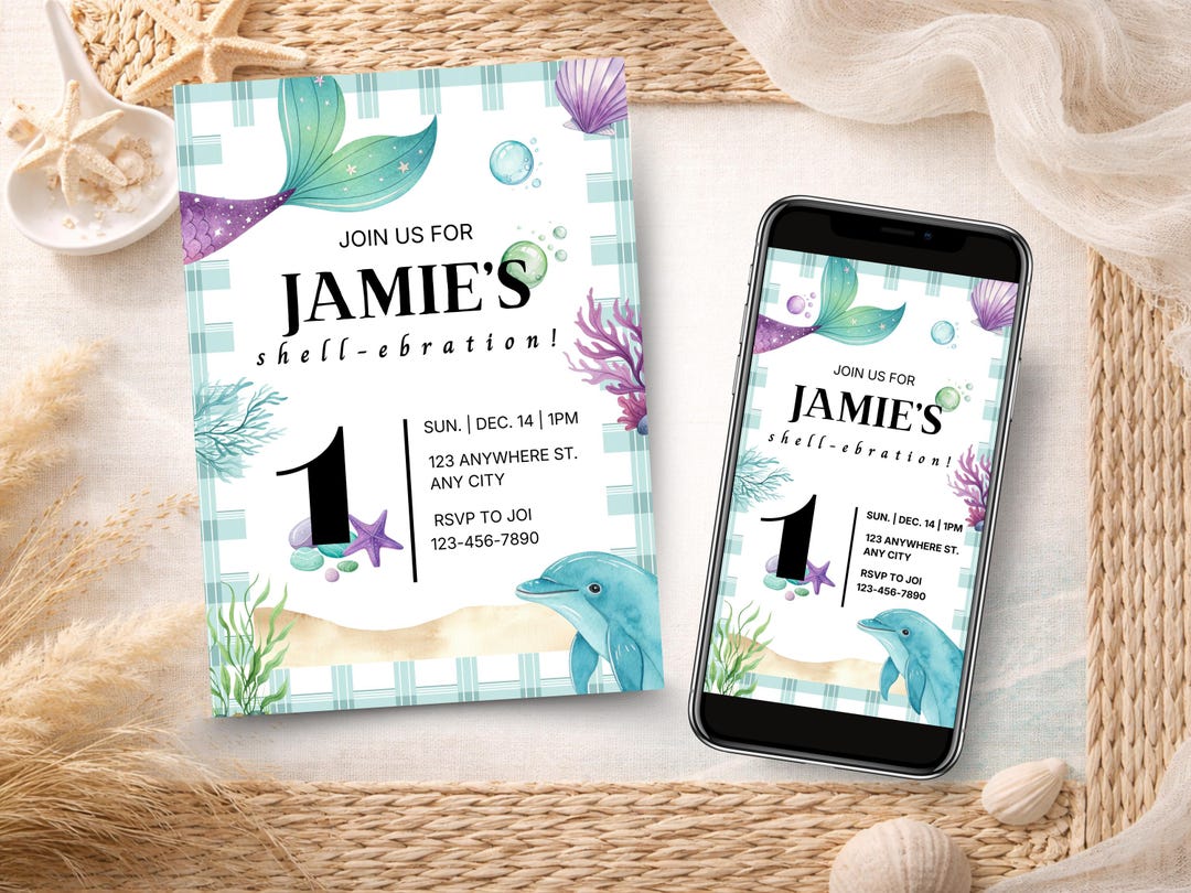 Mermaid 1st Birthday Invitation, Shell-ebration, Ocean Party (printable ...