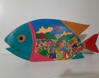 vintage Mexican folk art handpainted wooden fish sculpture
