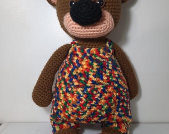 handmade crocheted bear,  safety eyes,  ages 3+, machine wash and dry, 19 inches tall, stuffed with polyester fibrefill
