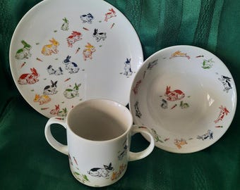 vintage children's dish set (1984), featuring the "Bambino Rabbits and Carrots" pattern by Taitu China, cup, bowl and plate