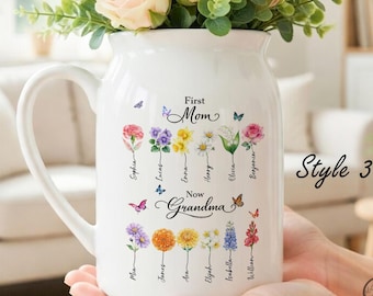 Personalized Birth Flower Vase First Mom Now Grandma Gift, Custom Family Flower Vase with Names, Mother's Day Grandma Gift Decor